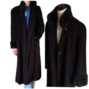 Vtg Steve By Searle Brown Cashmere Blend Faux Fur Button Down Lined Long Coat